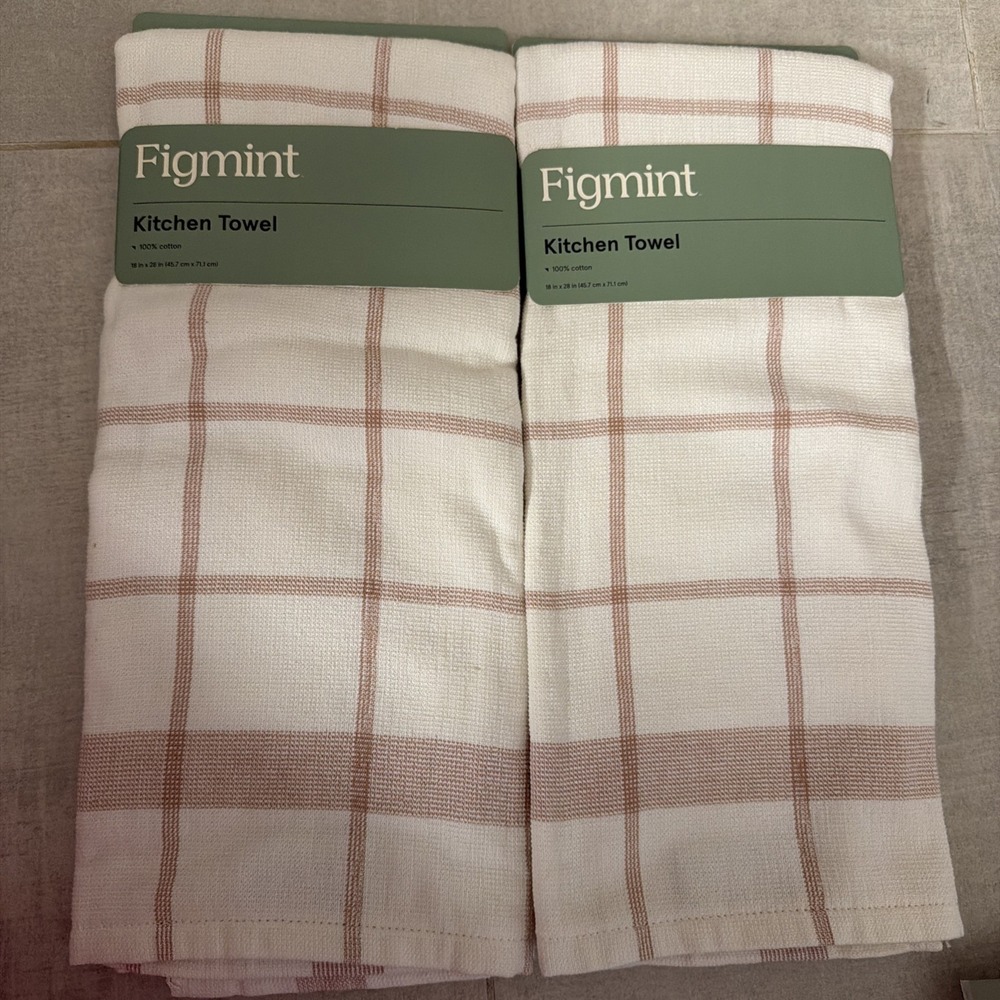 Figmint Kitchen Towel Set Unisex 18x28 Off-White New Plaid Cotton 2-Pack